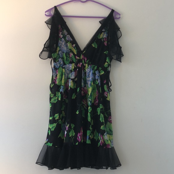 New Betsey Johnson sheer floral rosette ruffle cold shoulder flutter sleeve slip - Picture 7 of 11